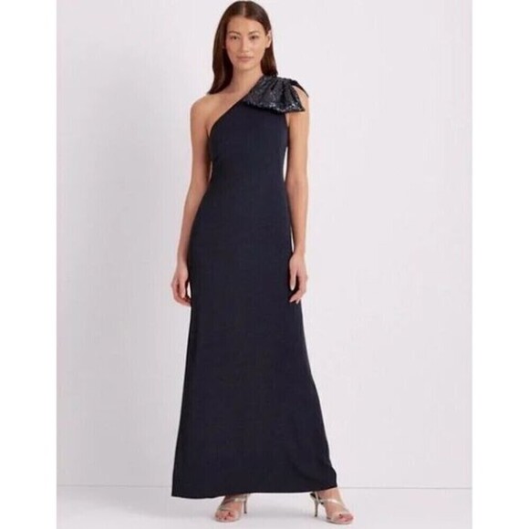 Lauren Ralph Lauren Prom Dress Evening Gown Navy Blue Oversized Sequin Bow Event - Picture 1 of 7